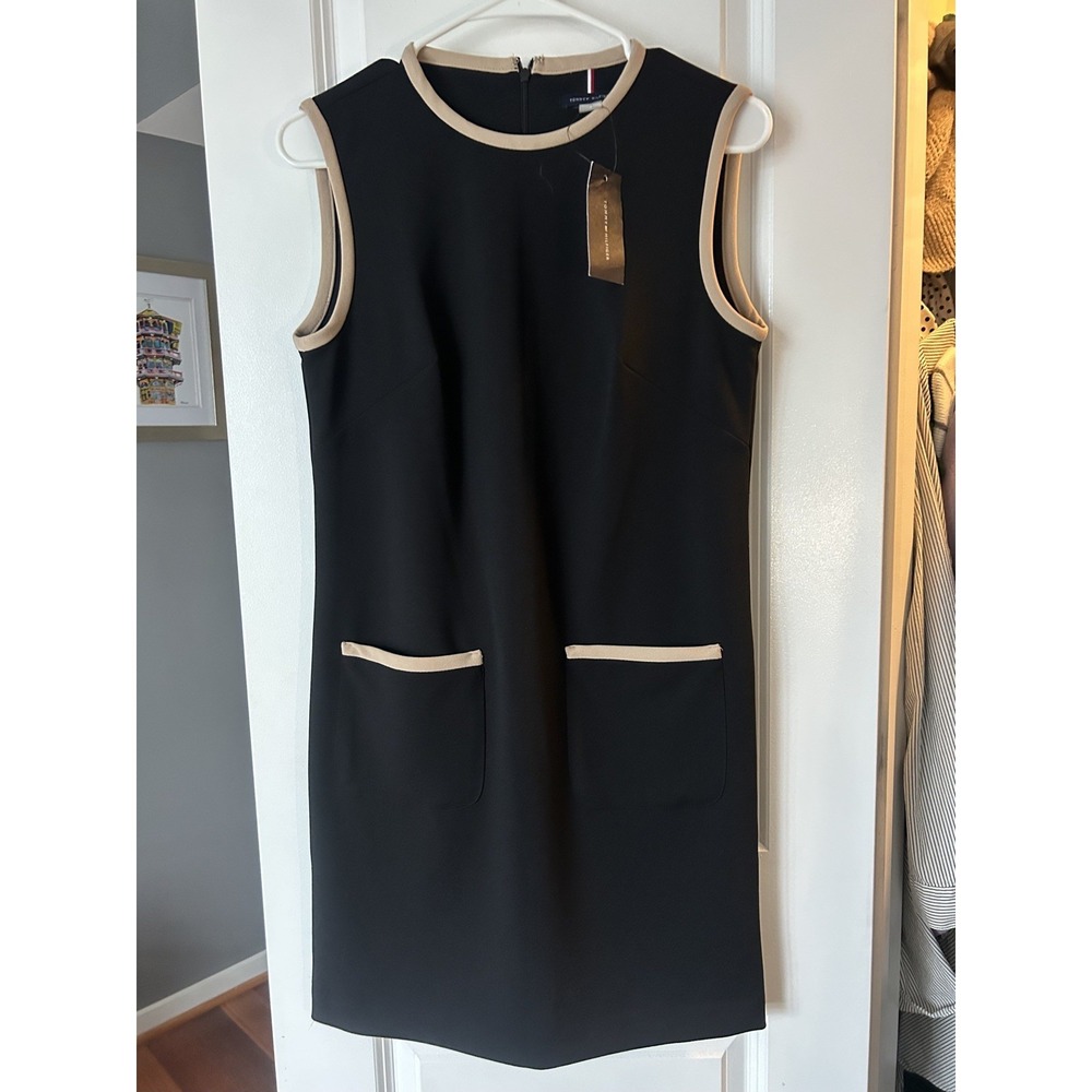 Tommy Hilfiger Womens Sleeveless Shift Mod Dress Pockets Black/Beige Size 4 NWT